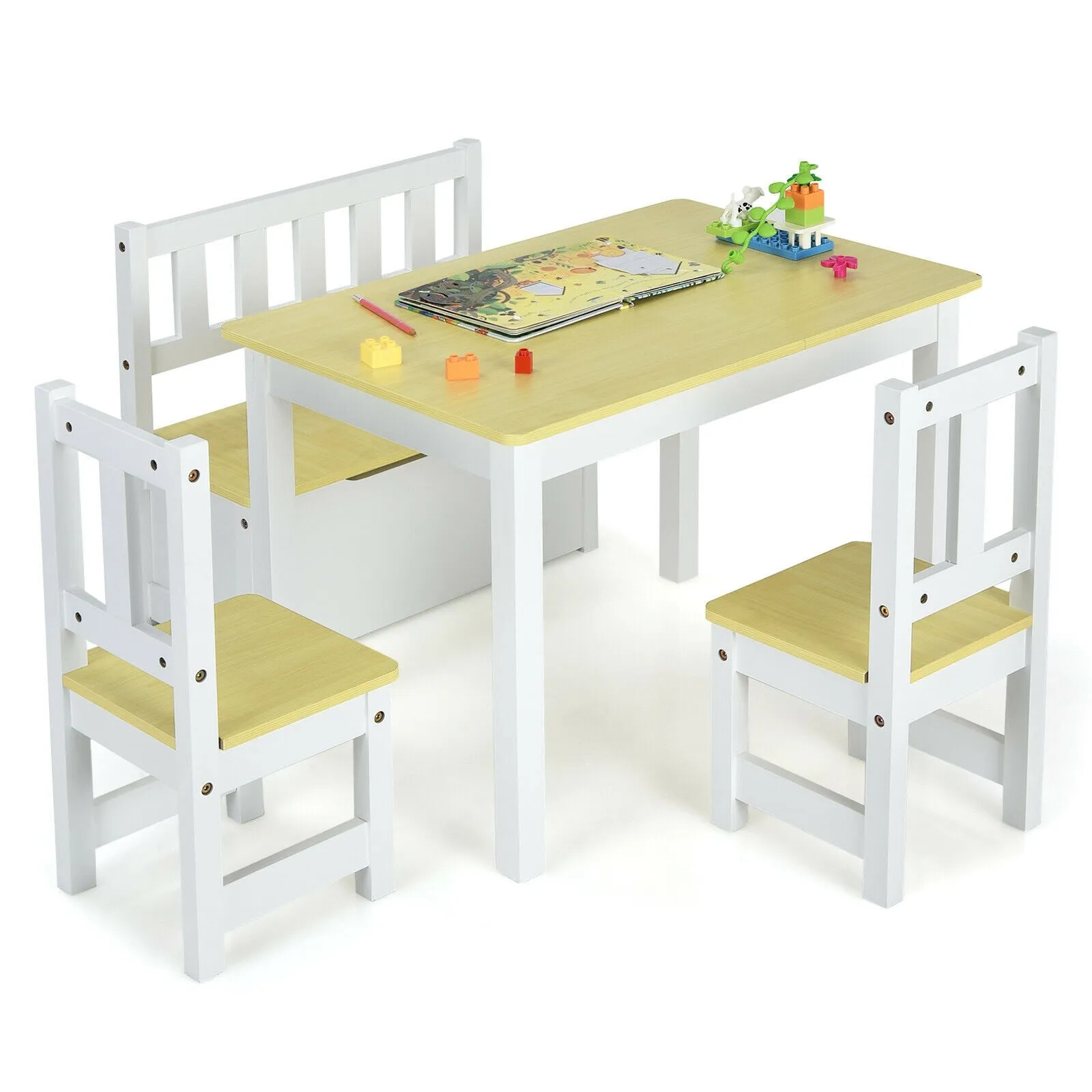 4 Pieces Kids Wooden Activity Table and Chairs Set with Storage Bench and Study Desk-Natural