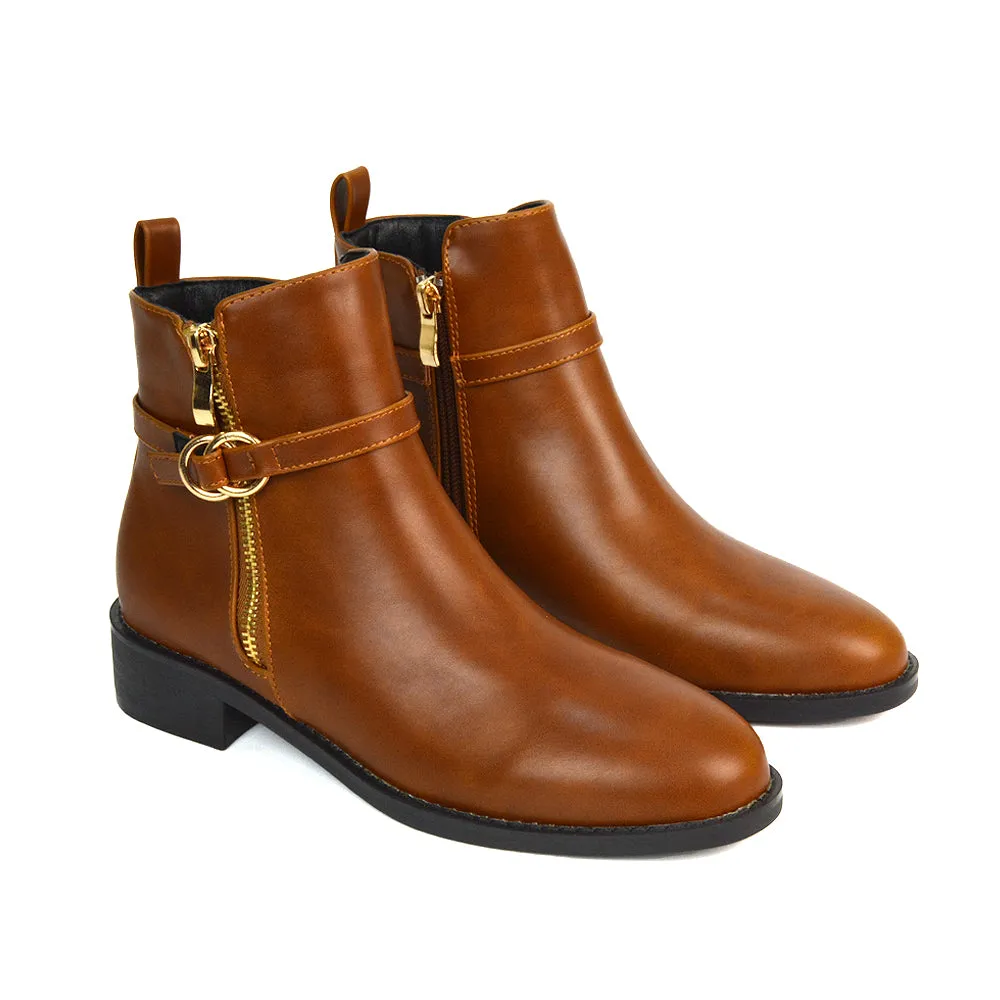 Bella Casual Flat Heel Zip Up Chelsea Ankle Boots in Tan Synthetic Leather