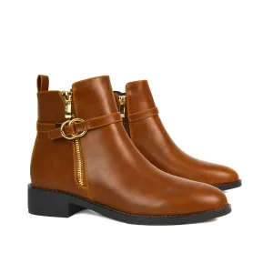 Bella Casual Flat Heel Zip Up Chelsea Ankle Boots in Tan Synthetic Leather