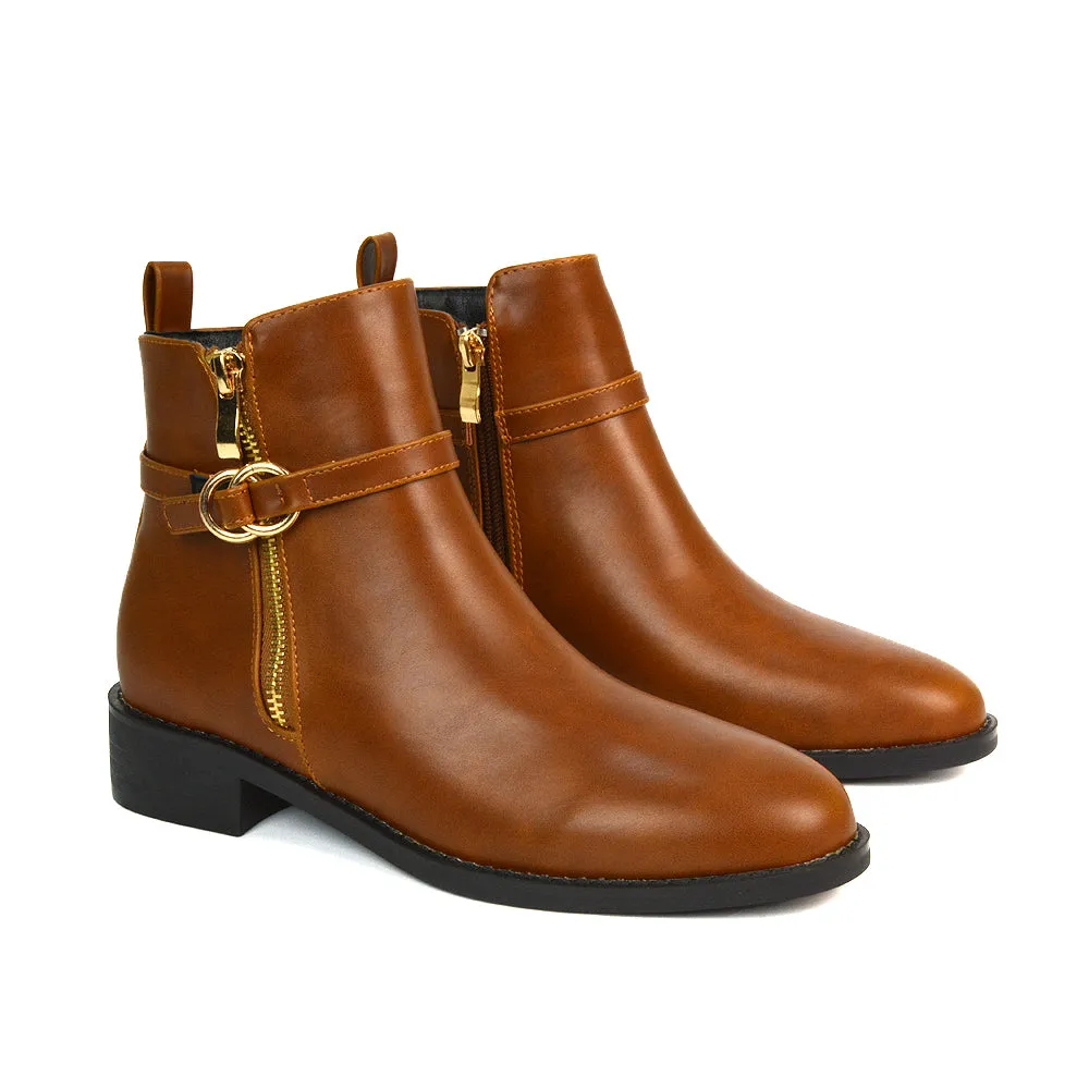 Bella Casual Flat Heel Zip Up Chelsea Ankle Boots in Tan Synthetic Leather