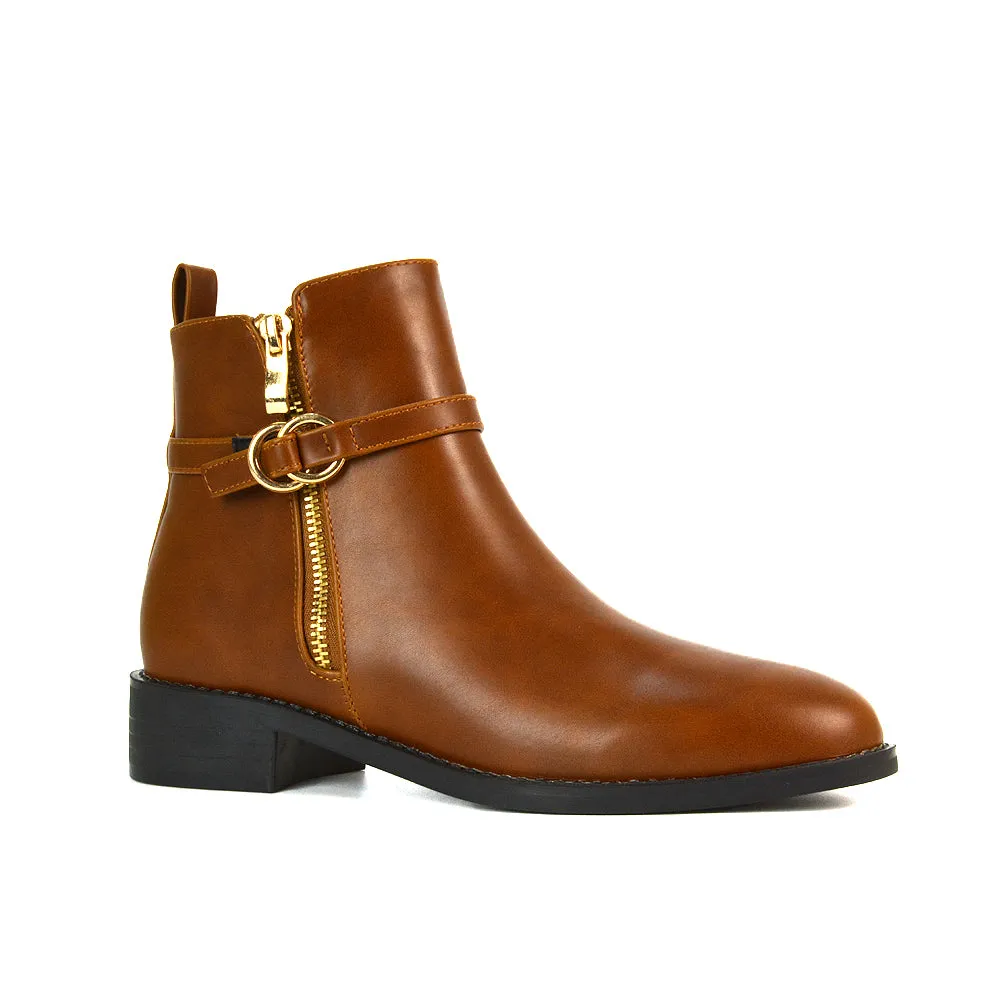 Bella Casual Flat Heel Zip Up Chelsea Ankle Boots in Tan Synthetic Leather