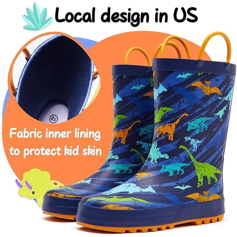 Boy&Girl Rain Boots Waterproof Navy Dinosaurs - K KomForme