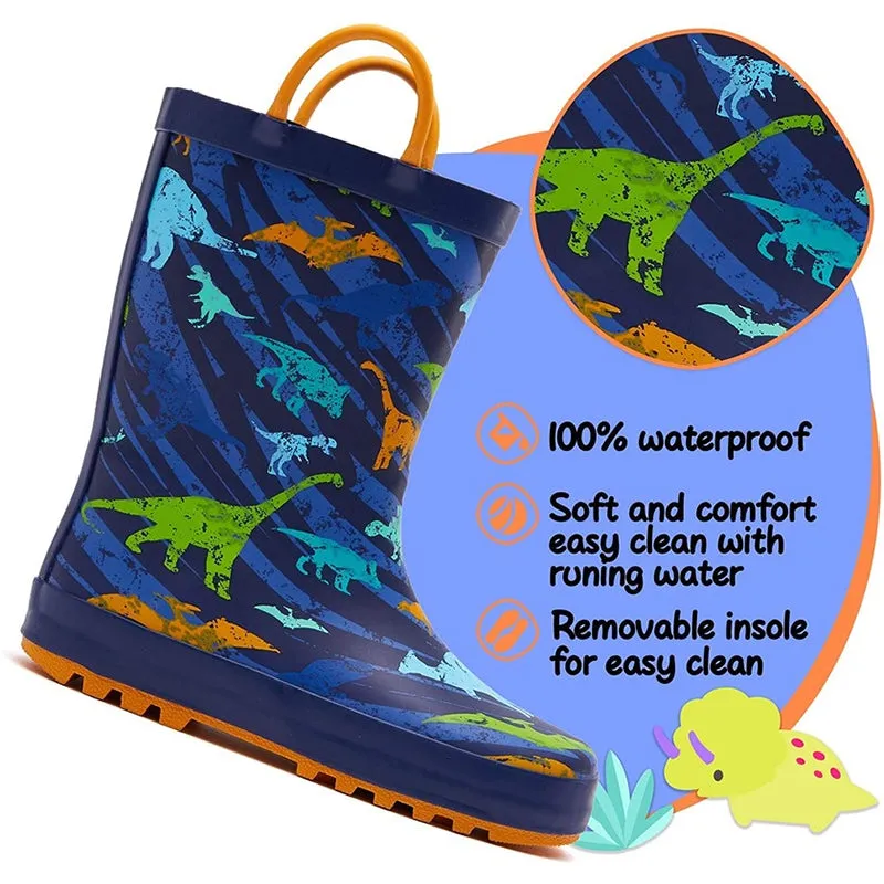 Boy&Girl Rain Boots Waterproof Navy Dinosaurs - K KomForme