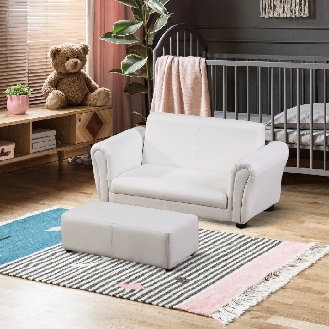 Childrens 2-Seater Mini Sofa Set with Large Footstool | White | 3-6 Years