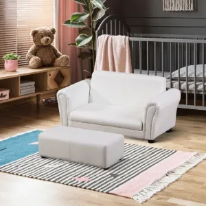Childrens 2-Seater Mini Sofa Set with Large Footstool | White | 3-6 Years