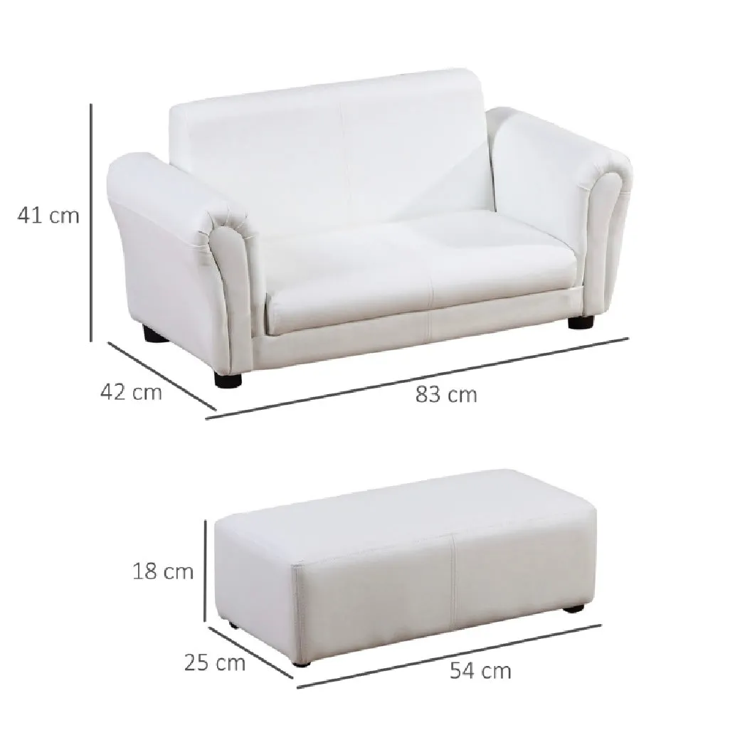 Childrens 2-Seater Mini Sofa Set with Large Footstool | White | 3-6 Years