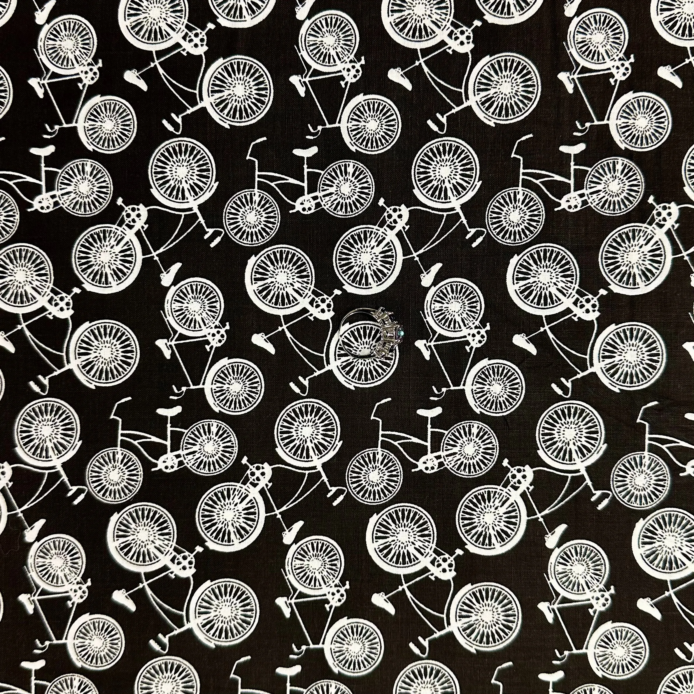 Cotton Fabric BTY Road Bike Bicycle Black White B&W