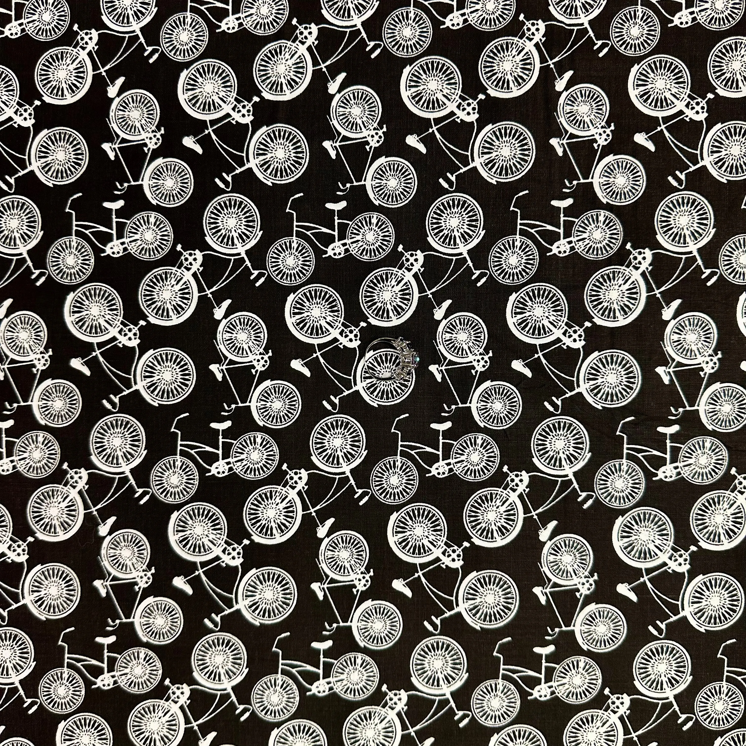 Cotton Fabric BTY Road Bike Bicycle Black White B&W