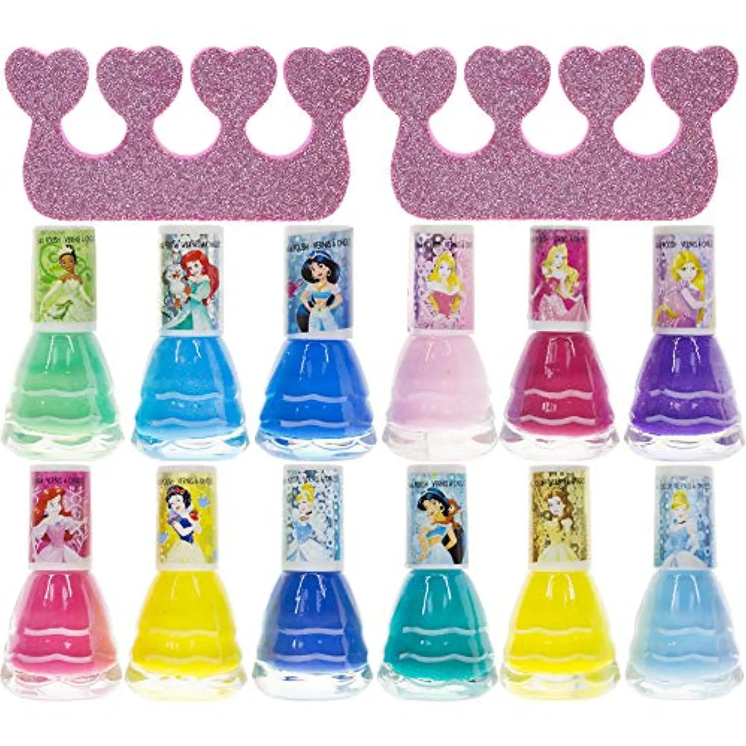 Disney Princess - Townley Girl Non-Toxic Water-Based Peel-Off Quick Dry Nail Polish with Nail Separators|Gift Kit Set for Kids Girls|12 Pcs - Perfect for Parties, Sleepovers and Makeovers