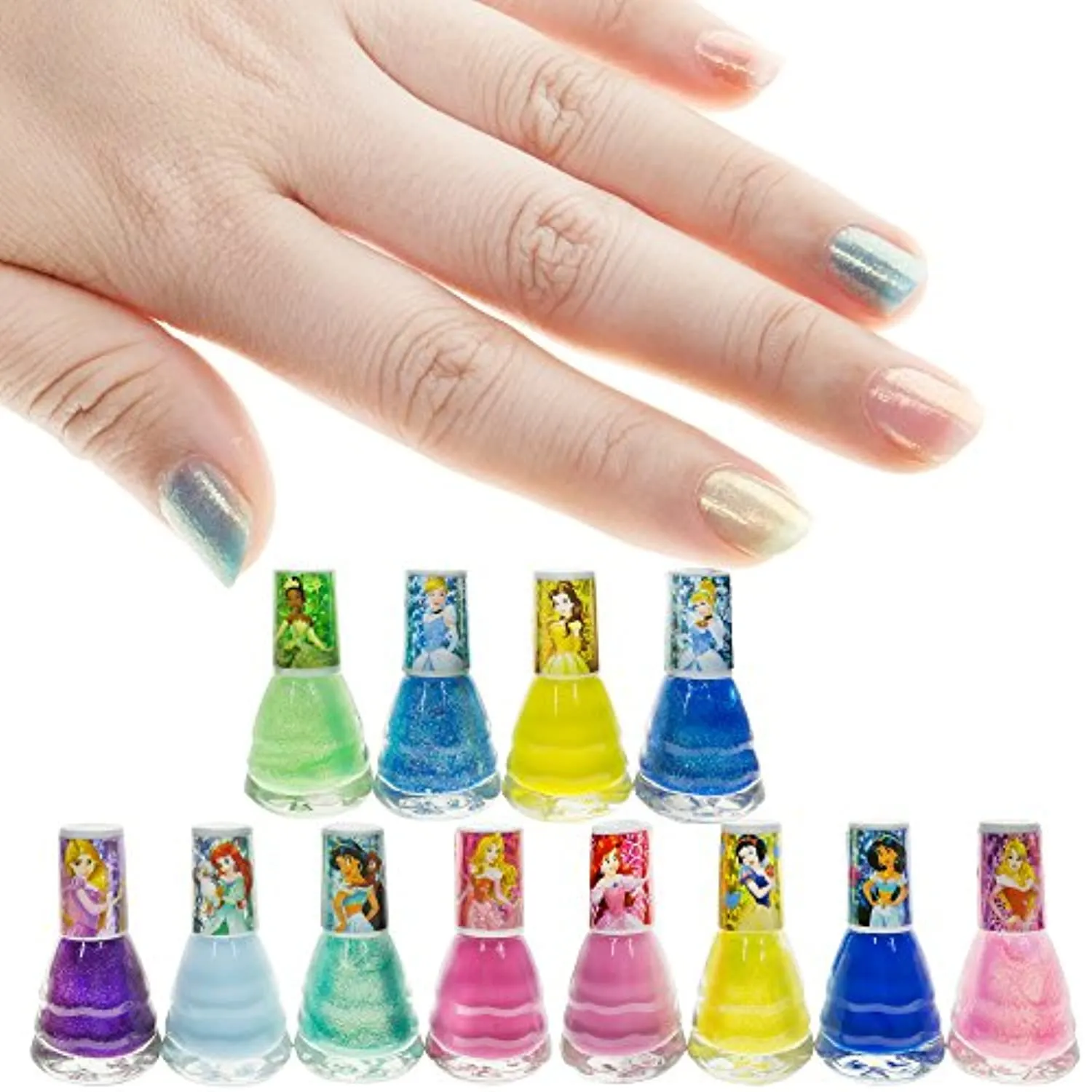 Disney Princess - Townley Girl Non-Toxic Water-Based Peel-Off Quick Dry Nail Polish with Nail Separators|Gift Kit Set for Kids Girls|12 Pcs - Perfect for Parties, Sleepovers and Makeovers