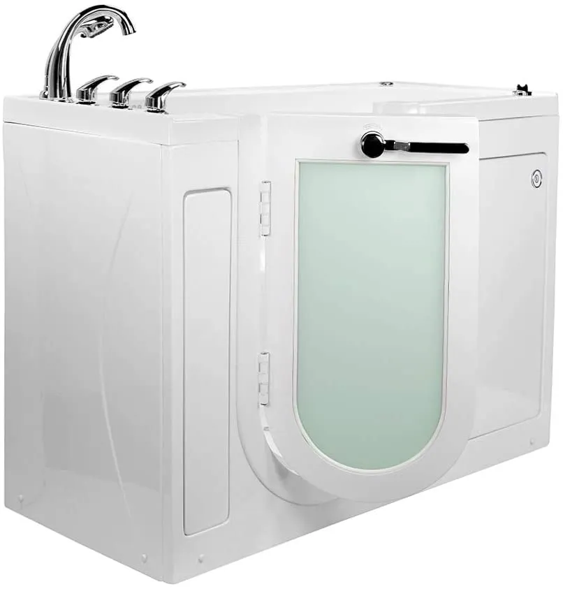 Ella's Bubbles OA2660-H-L-HB Lounger Soaking and Heated Seat Acrylic Walk-In Bathtub with Left Outward Swing Door, Ella 5pc. Fast-Fill Faucet, Dual 2" Drains, 27" x 60" x 43", White
