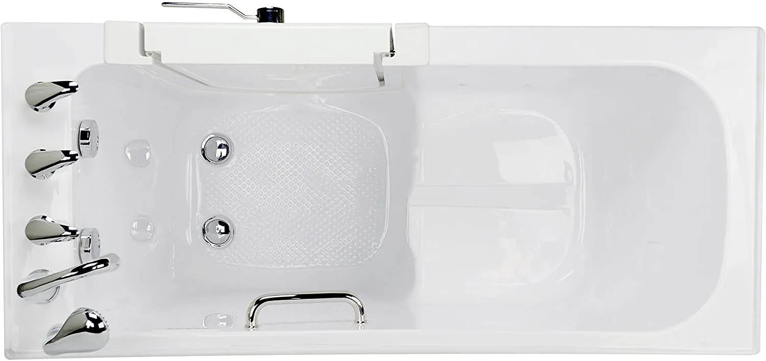 Ella's Bubbles OA2660-H-L-HB Lounger Soaking and Heated Seat Acrylic Walk-In Bathtub with Left Outward Swing Door, Ella 5pc. Fast-Fill Faucet, Dual 2" Drains, 27" x 60" x 43", White