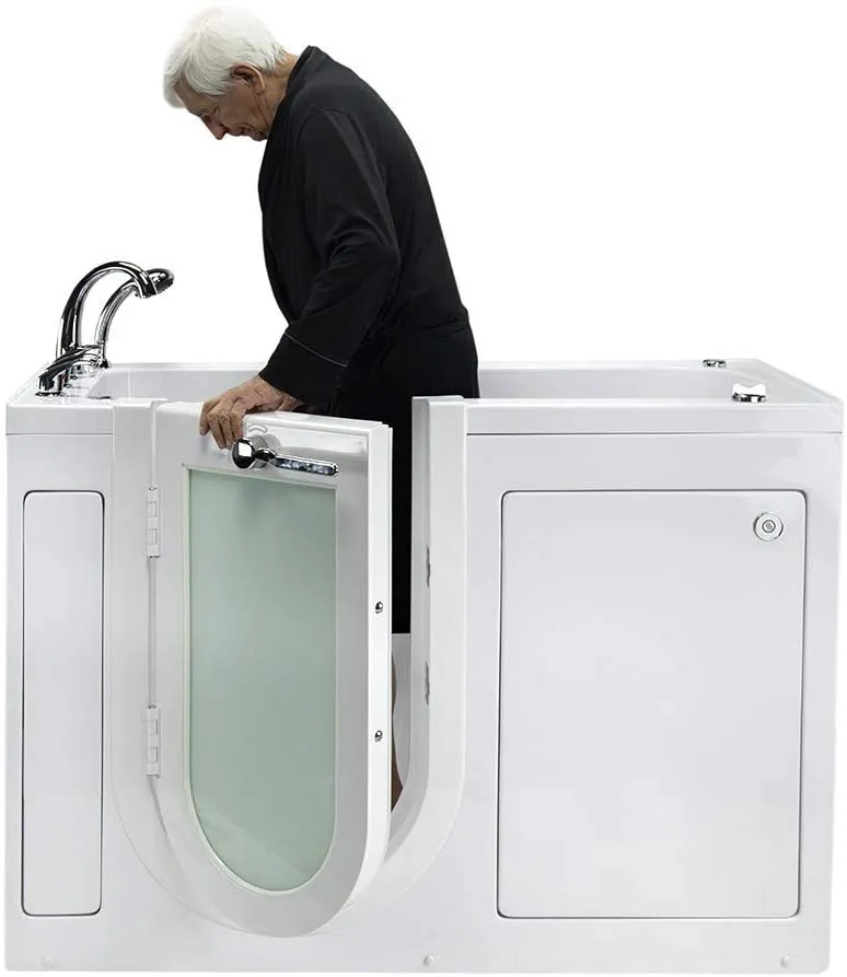Ella's Bubbles OA2660H-R-HB Lounger 27"x 59" Hydro Massage Acrylic Walk-in Bathtub, Right Outward Swing Door, Ella 5pc. Fast-Fill Faucet, Dual 2" Drains, 27" x 60" x 43", White
