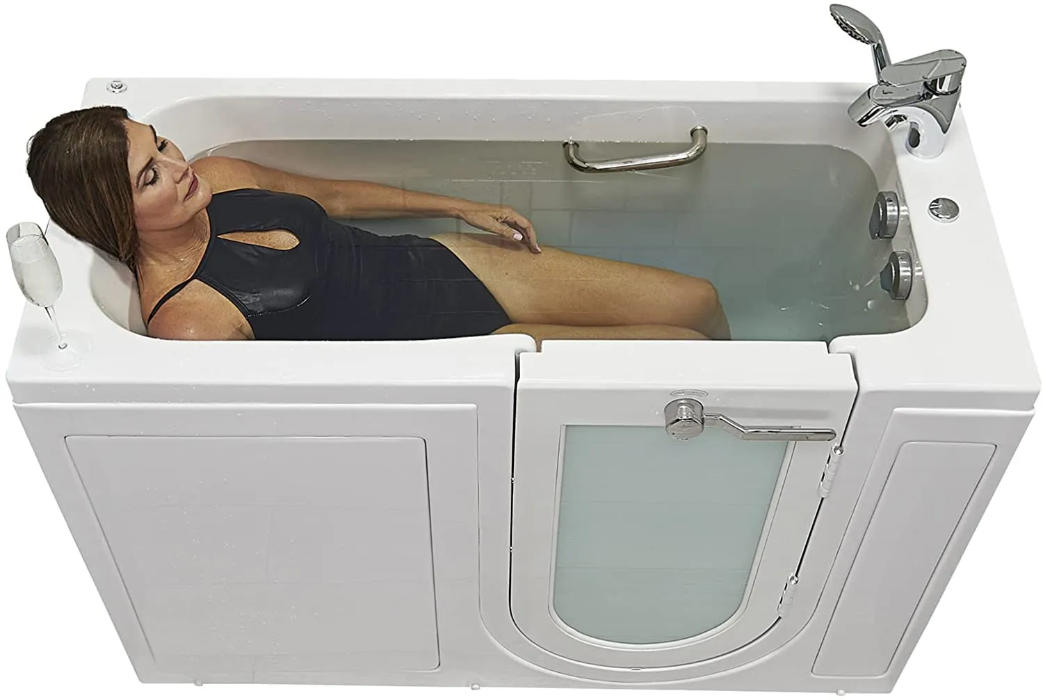 Ella's Bubbles OA2660H-R Lounger Hydro Massage Walk-In Bathtub with Right Outward Swing Door, Thermostatic Faucet, Dual 2" Drains, 27" x 60" x 43", White