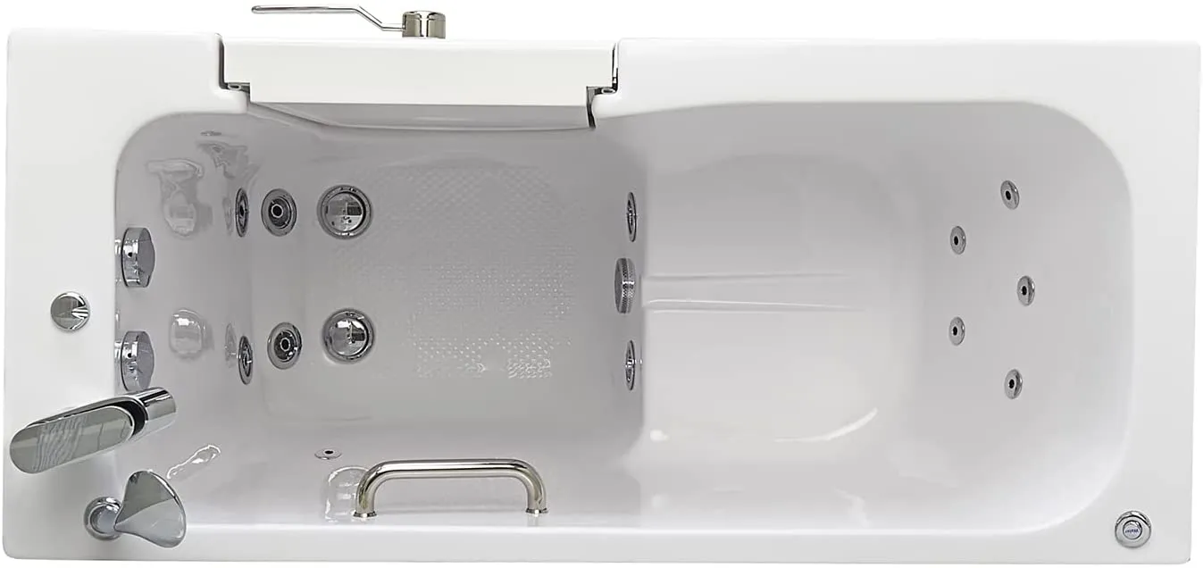 Ella's Bubbles OA2660H-R Lounger Hydro Massage Walk-In Bathtub with Right Outward Swing Door, Thermostatic Faucet, Dual 2" Drains, 27" x 60" x 43", White