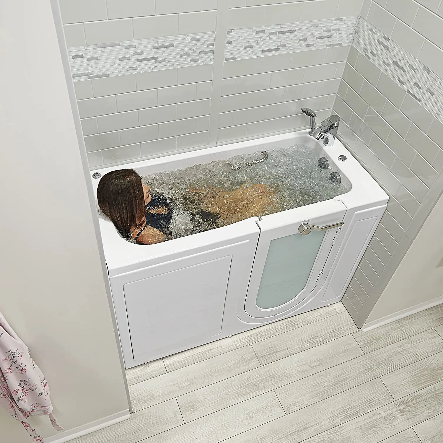 Ella's Bubbles OA2660H-R Lounger Hydro Massage Walk-In Bathtub with Right Outward Swing Door, Thermostatic Faucet, Dual 2" Drains, 27" x 60" x 43", White