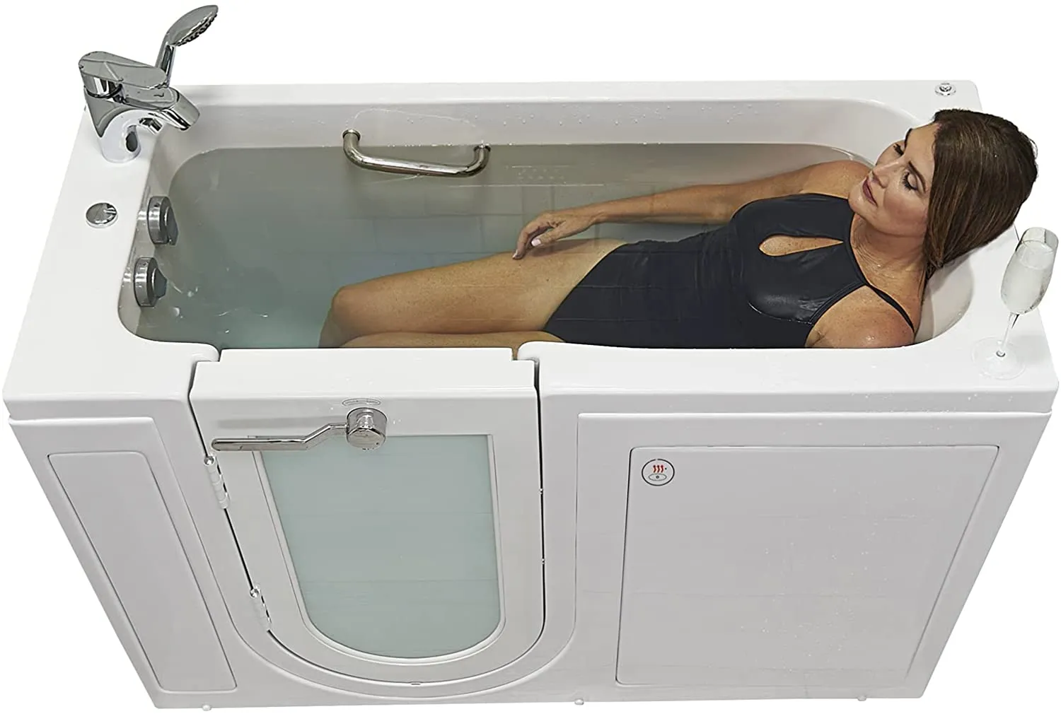 Ella's Bubbles OA2660HH-L Lounger Hydro Massage Acrylic Walk-In Bathtub with Heated Seat, Left Outward Swing Door, Thermostatic Faucet, Dual 2" Drains, 27" x 60" x 43", White