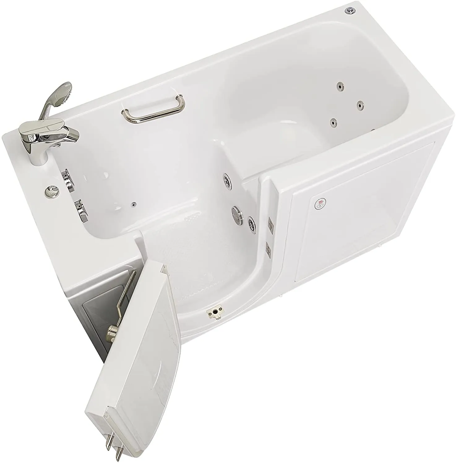 Ella's Bubbles OA2660HH-L Lounger Hydro Massage Acrylic Walk-In Bathtub with Heated Seat, Left Outward Swing Door, Thermostatic Faucet, Dual 2" Drains, 27" x 60" x 43", White