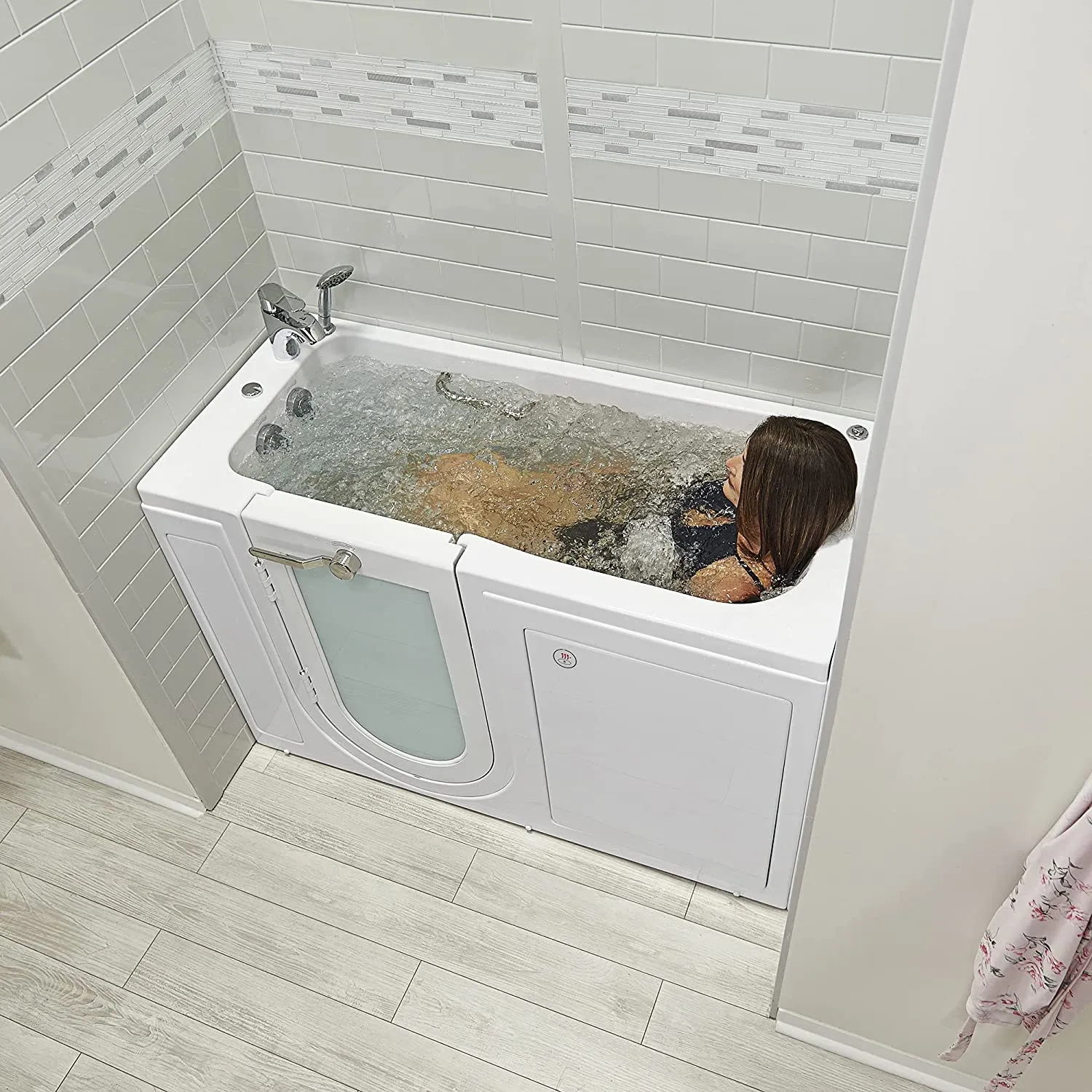 Ella's Bubbles OA2660HH-L Lounger Hydro Massage Acrylic Walk-In Bathtub with Heated Seat, Left Outward Swing Door, Thermostatic Faucet, Dual 2" Drains, 27" x 60" x 43", White