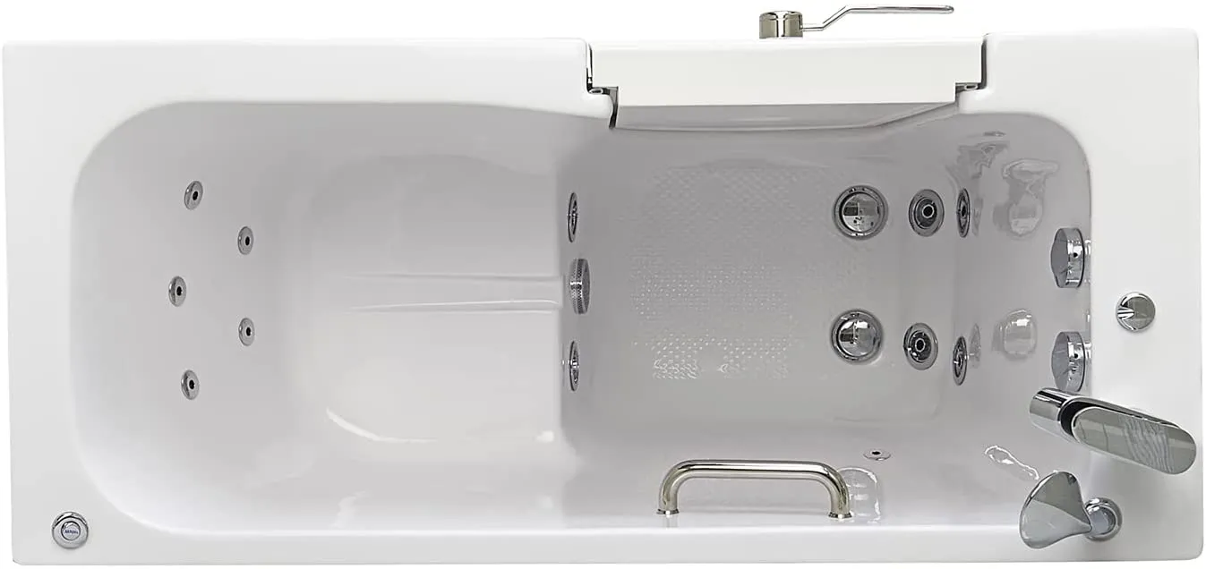 Ella's Bubbles OA2660HH-L Lounger Hydro Massage Acrylic Walk-In Bathtub with Heated Seat, Left Outward Swing Door, Thermostatic Faucet, Dual 2" Drains, 27" x 60" x 43", White