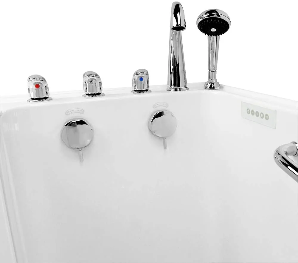 Ella's Bubbles OA2660HH-R-HB Lounger Hydro Massage and Heated Seat Walk-In Bathtub with Right Outward Swing Door, Ella 5pc. Fast-Fill Faucet, Dual 2" Drains, 27" x 60" x 43", White