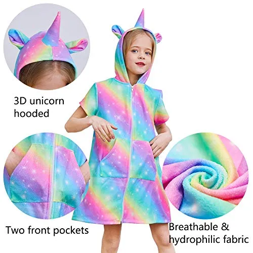 FIOBEE Unicorn Cover Up for Girls Terry Hooded Cover Ups for Kids Swimsuit Beach Dress with Zipper Rainbow