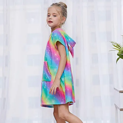 FIOBEE Unicorn Cover Up for Girls Terry Hooded Cover Ups for Kids Swimsuit Beach Dress with Zipper Rainbow