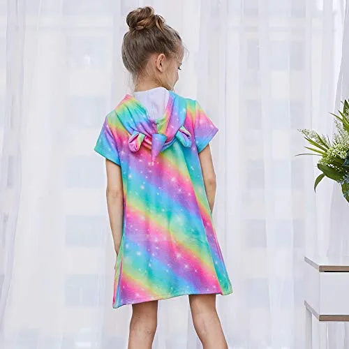 FIOBEE Unicorn Cover Up for Girls Terry Hooded Cover Ups for Kids Swimsuit Beach Dress with Zipper Rainbow