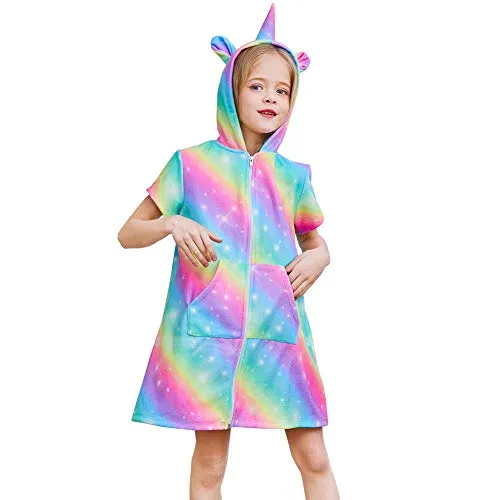 FIOBEE Unicorn Cover Up for Girls Terry Hooded Cover Ups for Kids Swimsuit Beach Dress with Zipper Rainbow