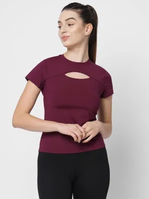Fitkin women maroon front key hole short sleeve tshirt