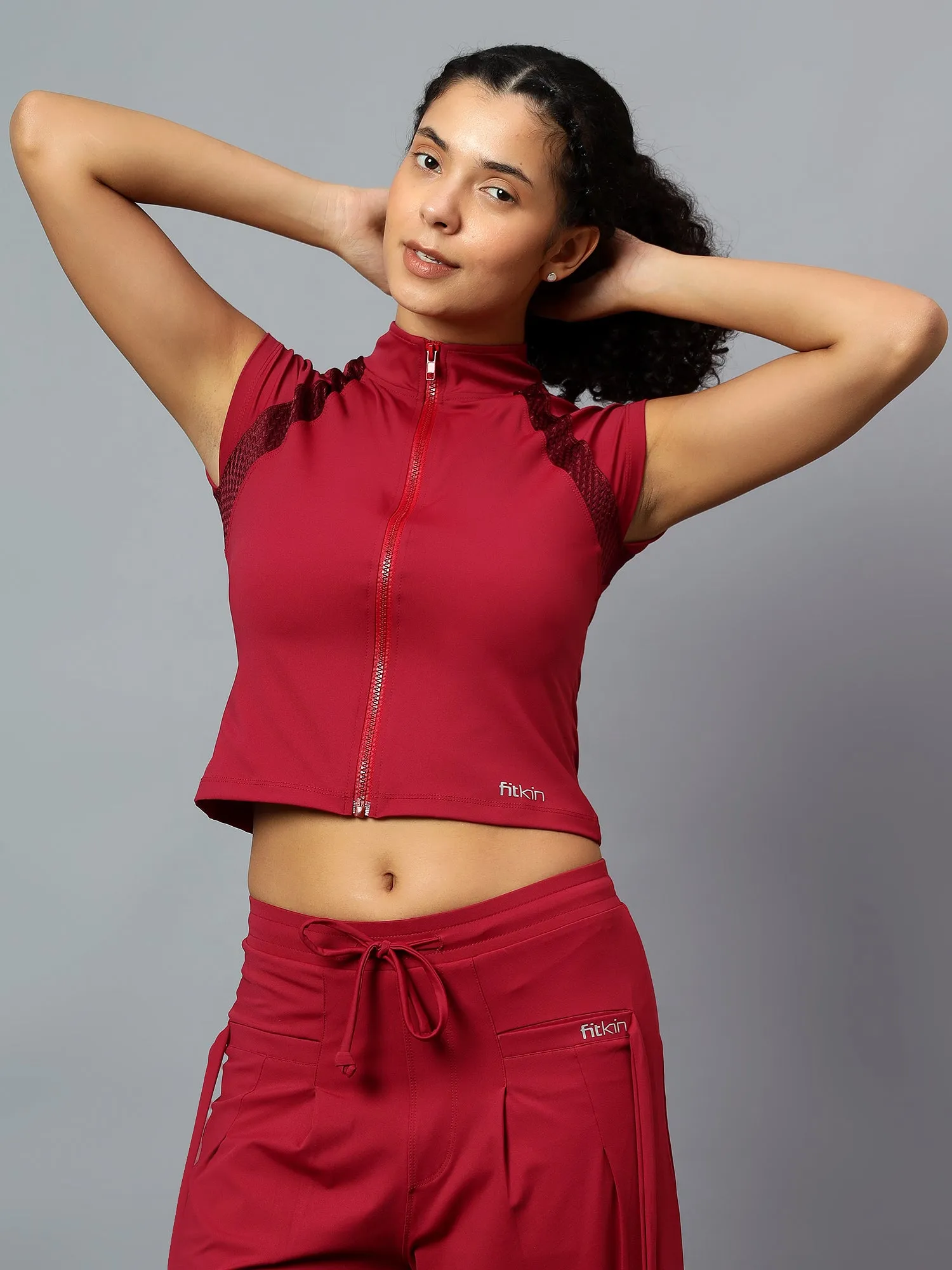Fitkin Women's Wine Front Open Front Zip Tshirt