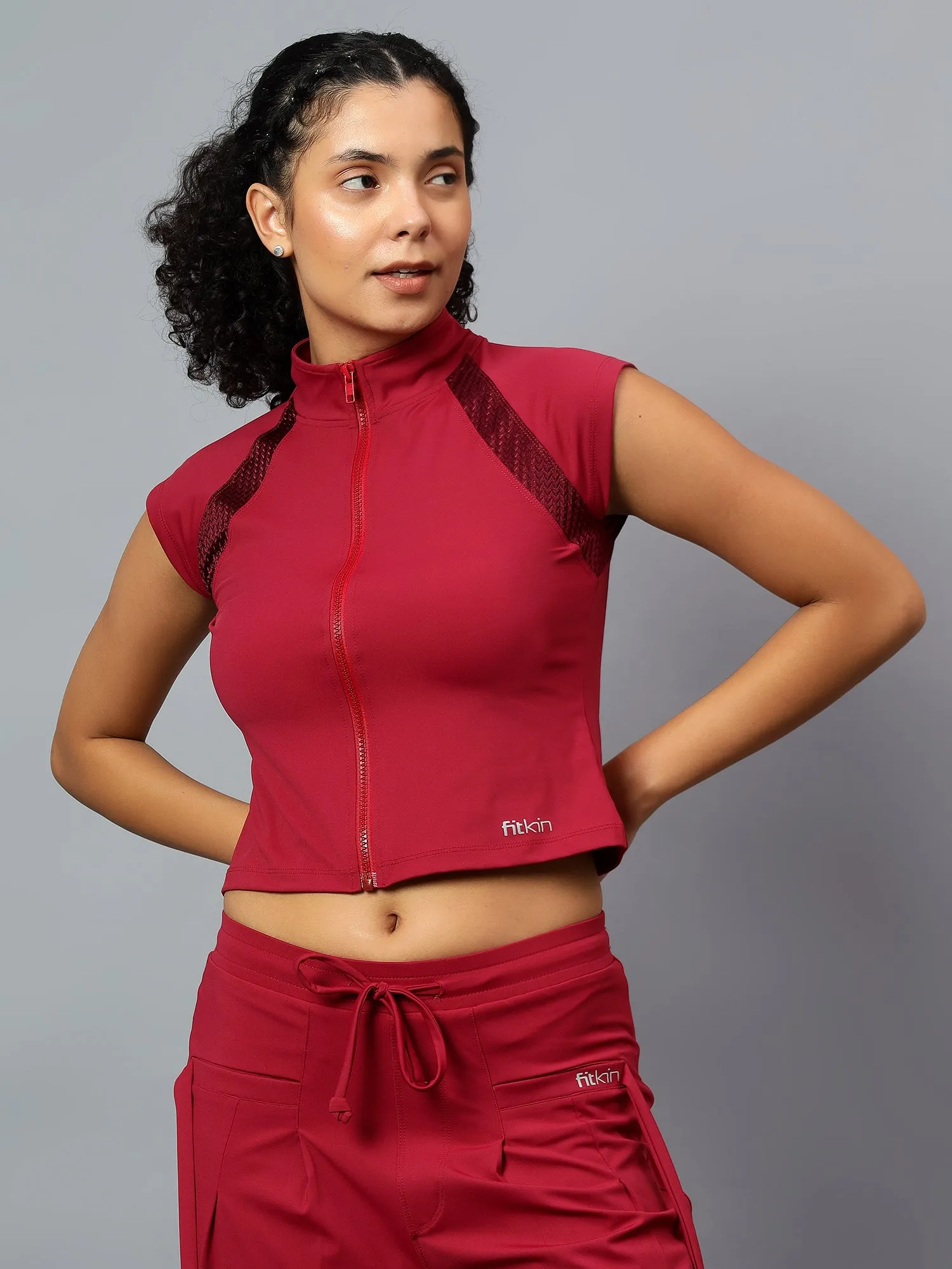 Fitkin Women's Wine Front Open Front Zip Tshirt