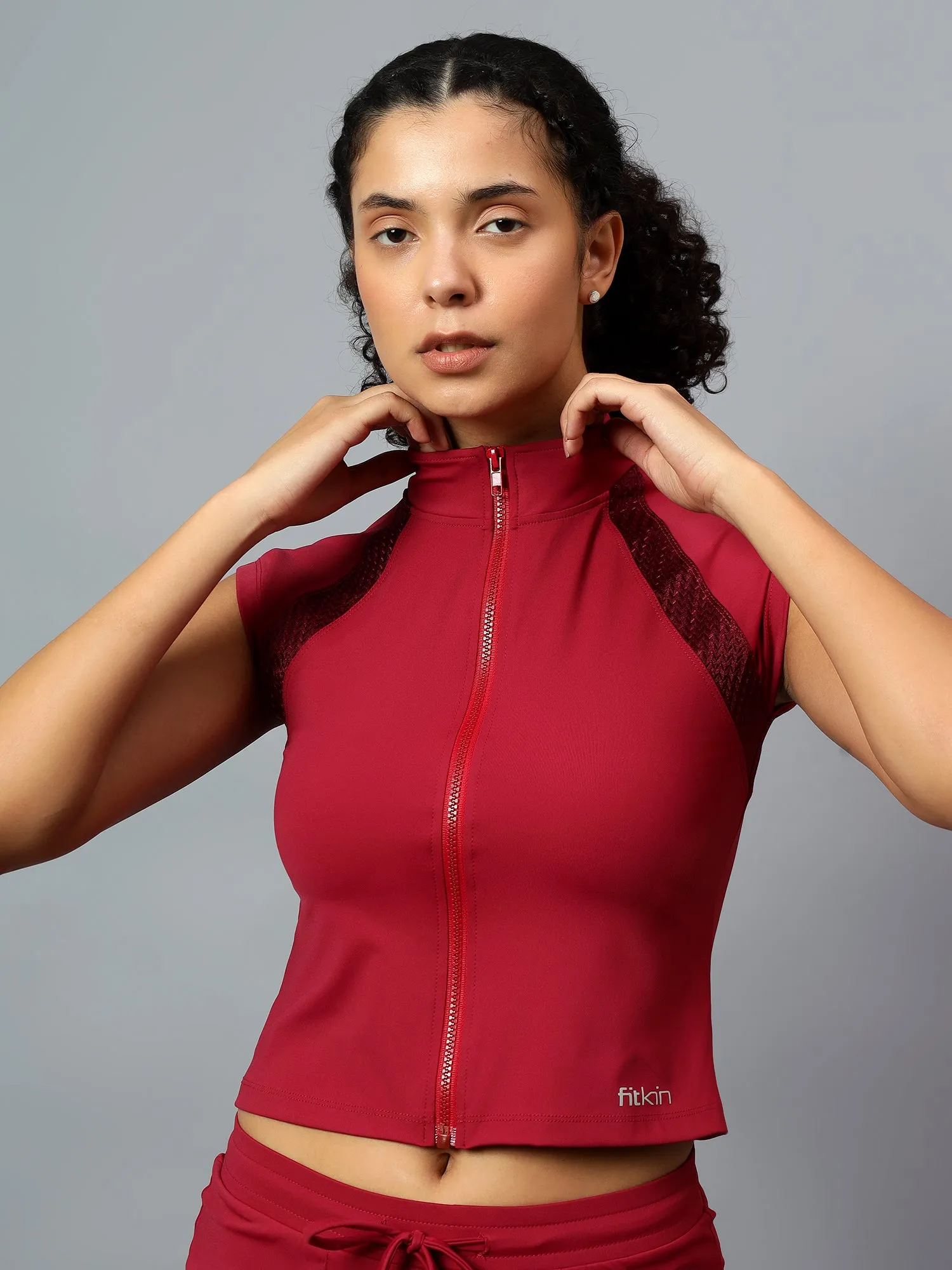 Fitkin Women's Wine Front Open Front Zip Tshirt