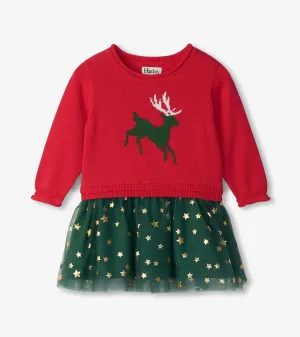 Hatley Holiday Reindeer Drop Waist Sweater Knit Dress