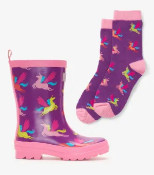 Hatley pretty Pegasus shiny Rain Boots & Matching Socks