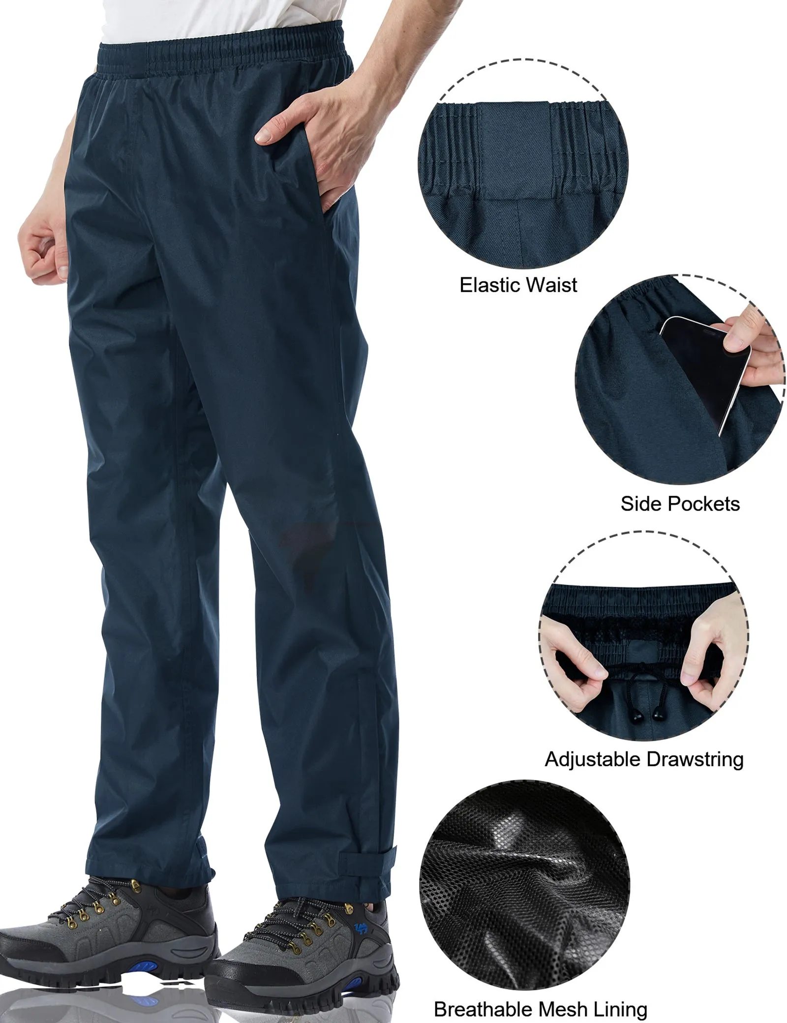 iCreek Men's Rain Pants Waterproof Over Pants Windproof Lightweight Hiking Pants Work Rain Outdoor for Golf, Fishing（Navy Blue With Pocket)