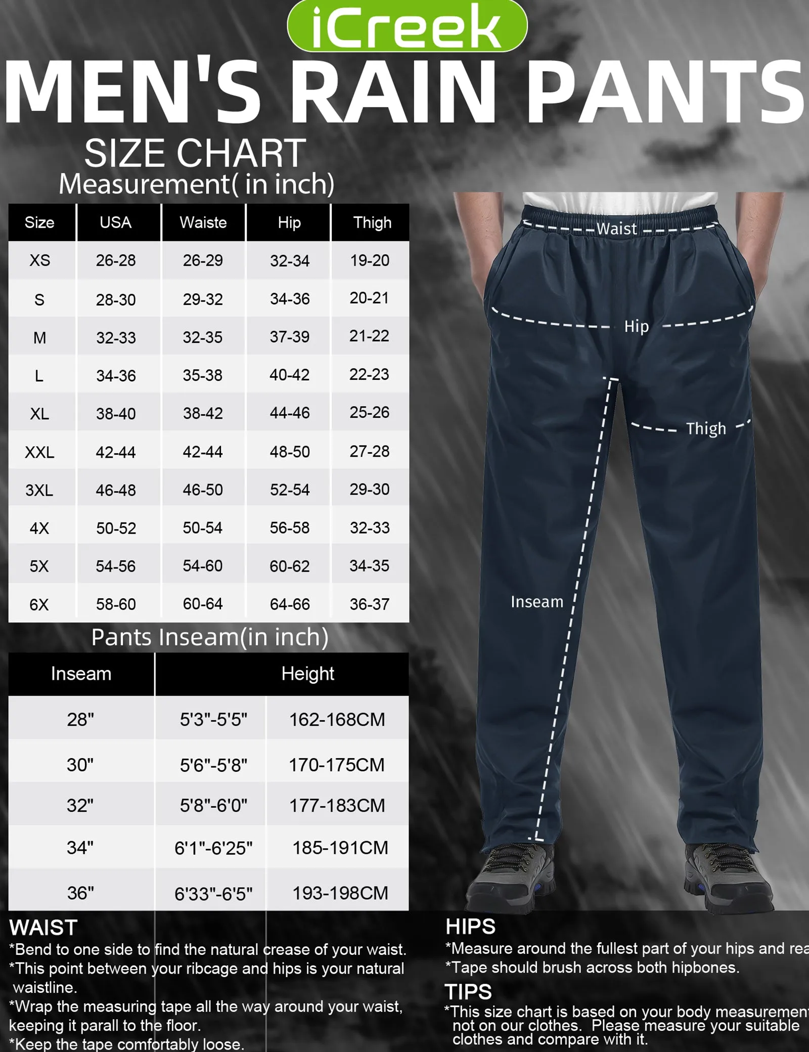 iCreek Men's Rain Pants Waterproof Over Pants Windproof Lightweight Hiking Pants Work Rain Outdoor for Golf, Fishing（Navy Blue With Pocket)