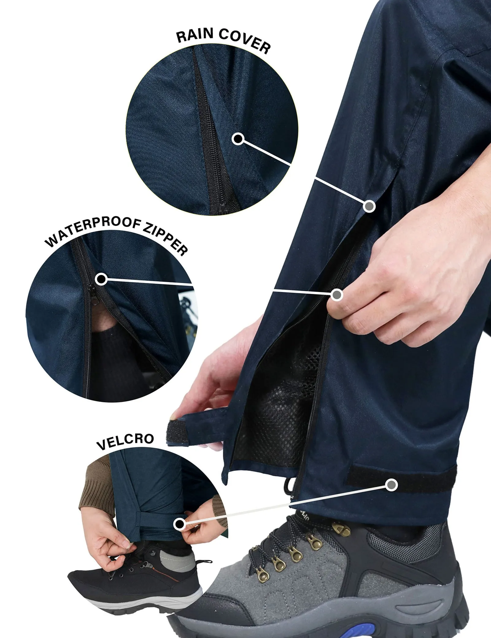 iCreek Men's Rain Pants Waterproof Over Pants Windproof Lightweight Hiking Pants Work Rain Outdoor for Golf, Fishing（Navy Blue With Pocket)