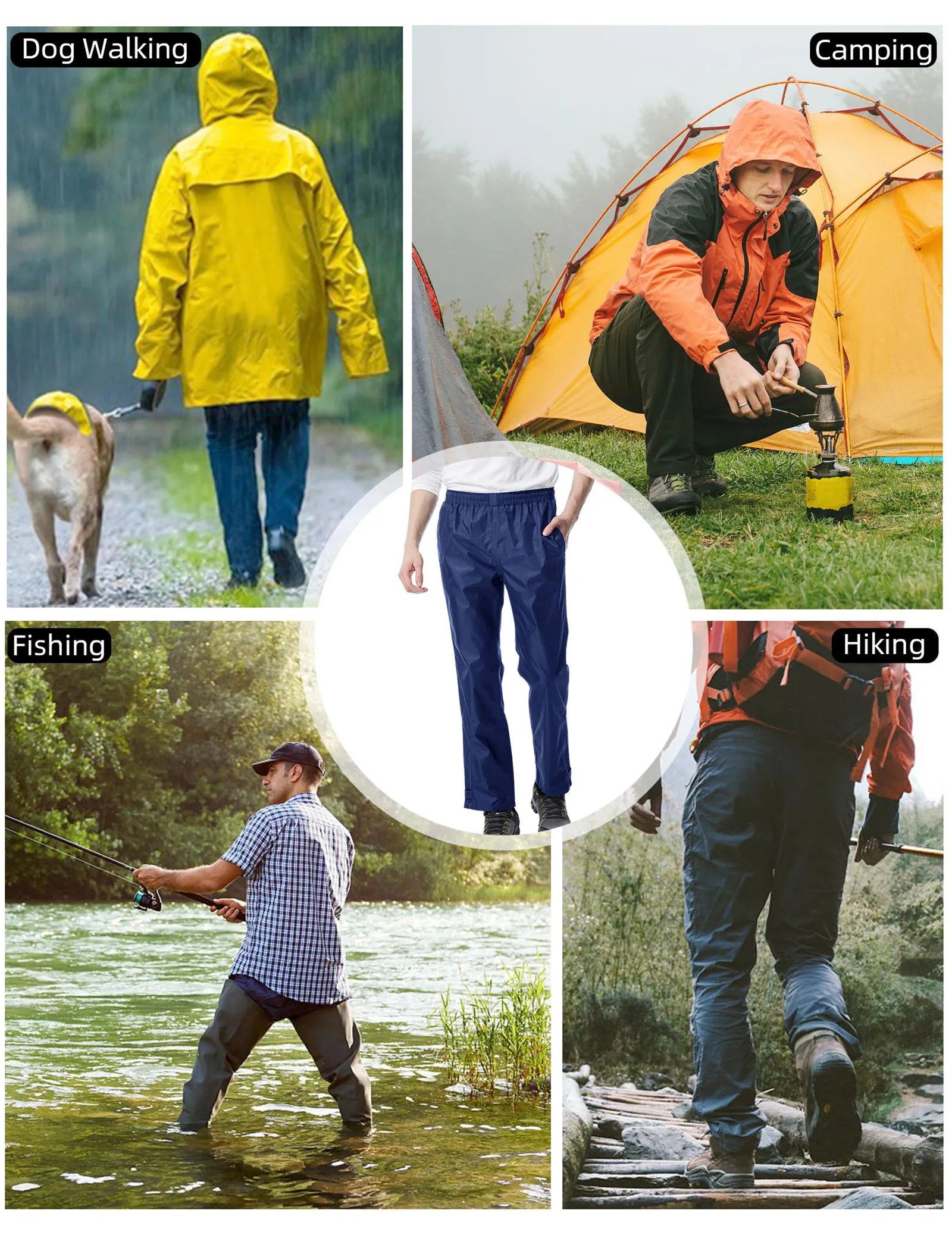 iCreek Men's Rain Pants Waterproof Over Pants Windproof Lightweight Hiking Pants Work Rain Outdoor for Golf, Fishing（Navy Blue With Pocket)