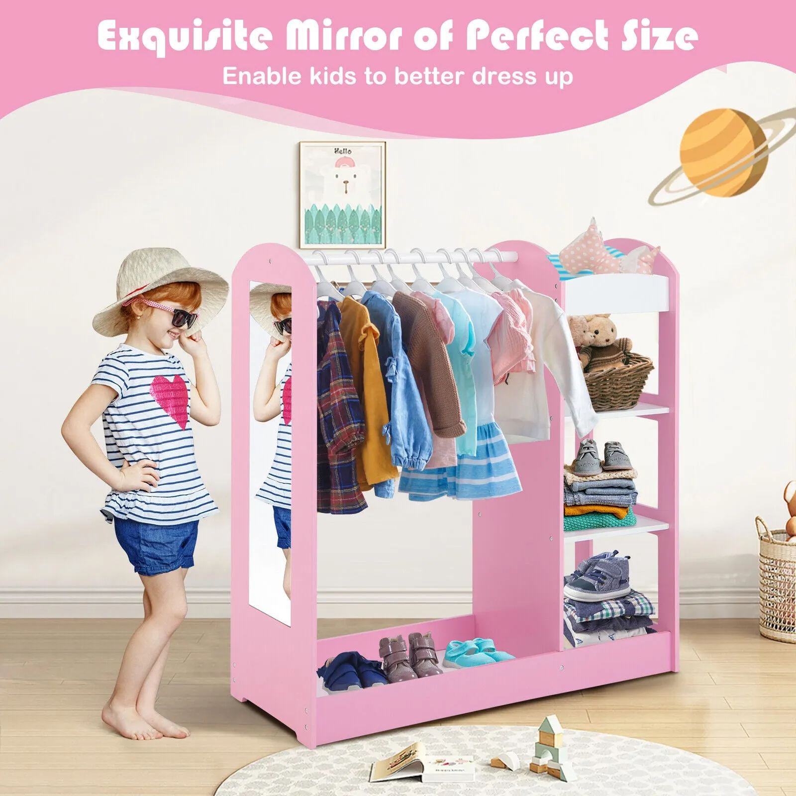 Kids Dress Up Storage with Mirror-Pink