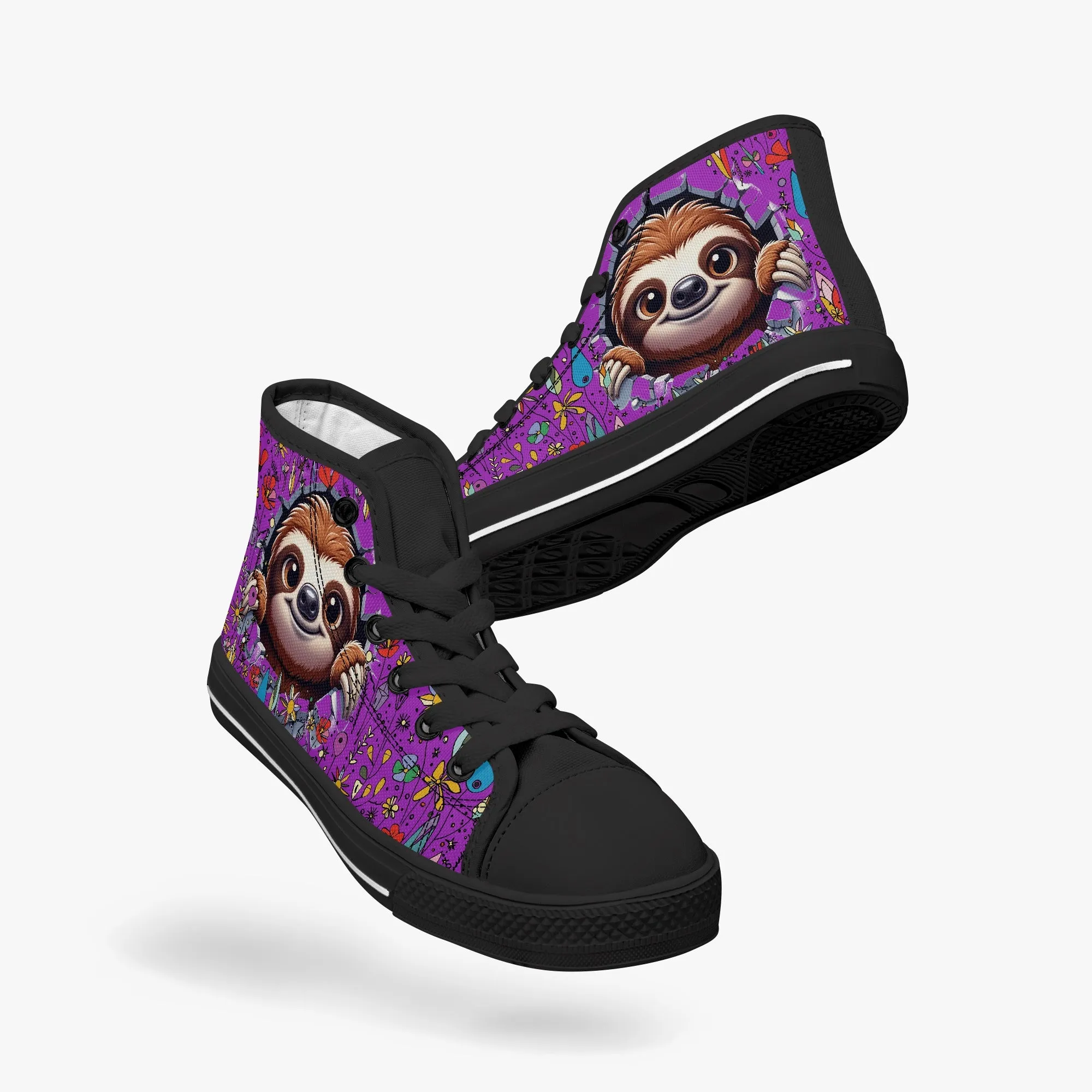 Kid’s High-Top Canvas Shoes-Black Girls' High-Top cartoon  Sloth wildflower Canvas Shoes