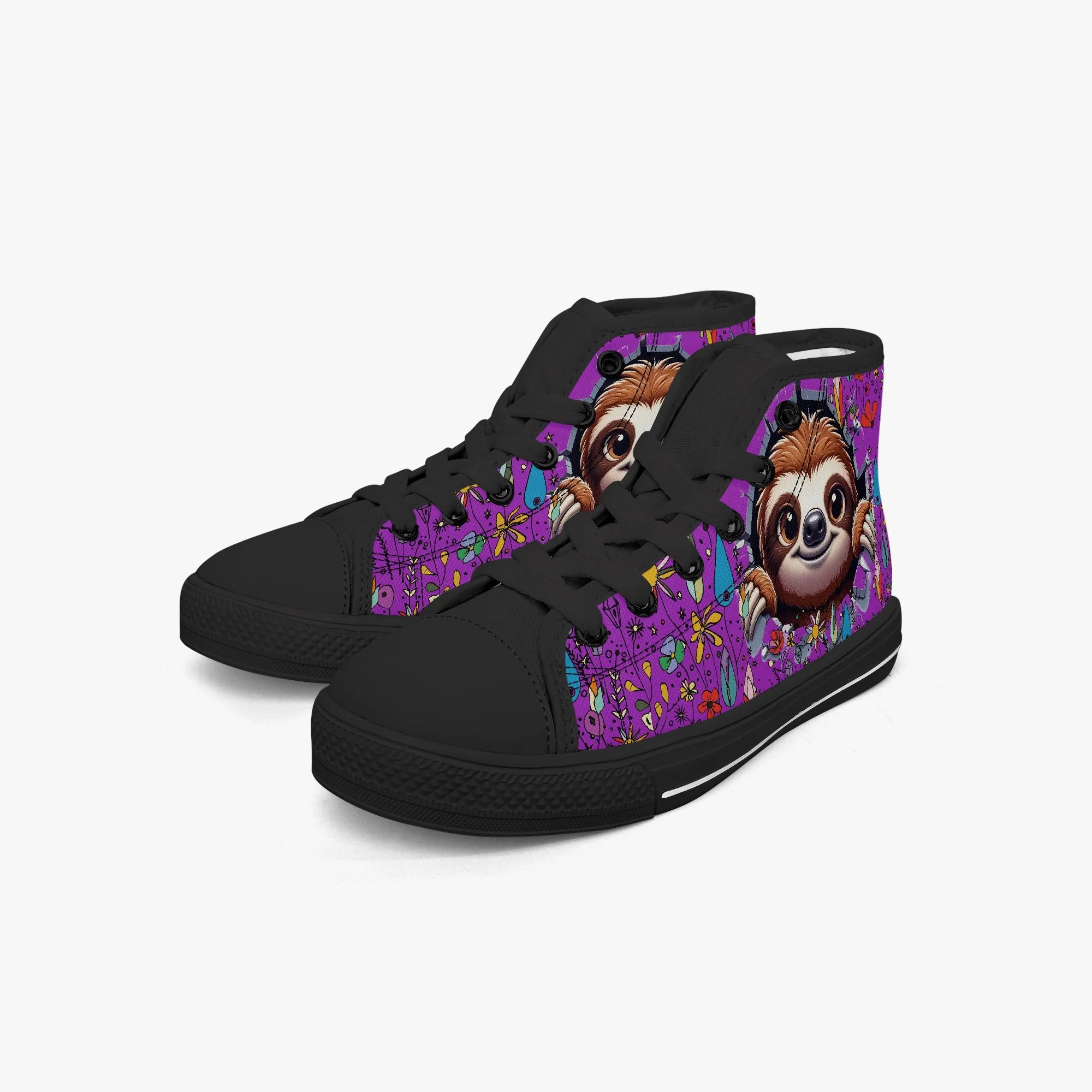 Kid’s High-Top Canvas Shoes-Black Girls' High-Top cartoon  Sloth wildflower Canvas Shoes