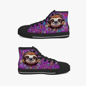 Kid’s High-Top Canvas Shoes-Black Girls' High-Top cartoon  Sloth wildflower Canvas Shoes