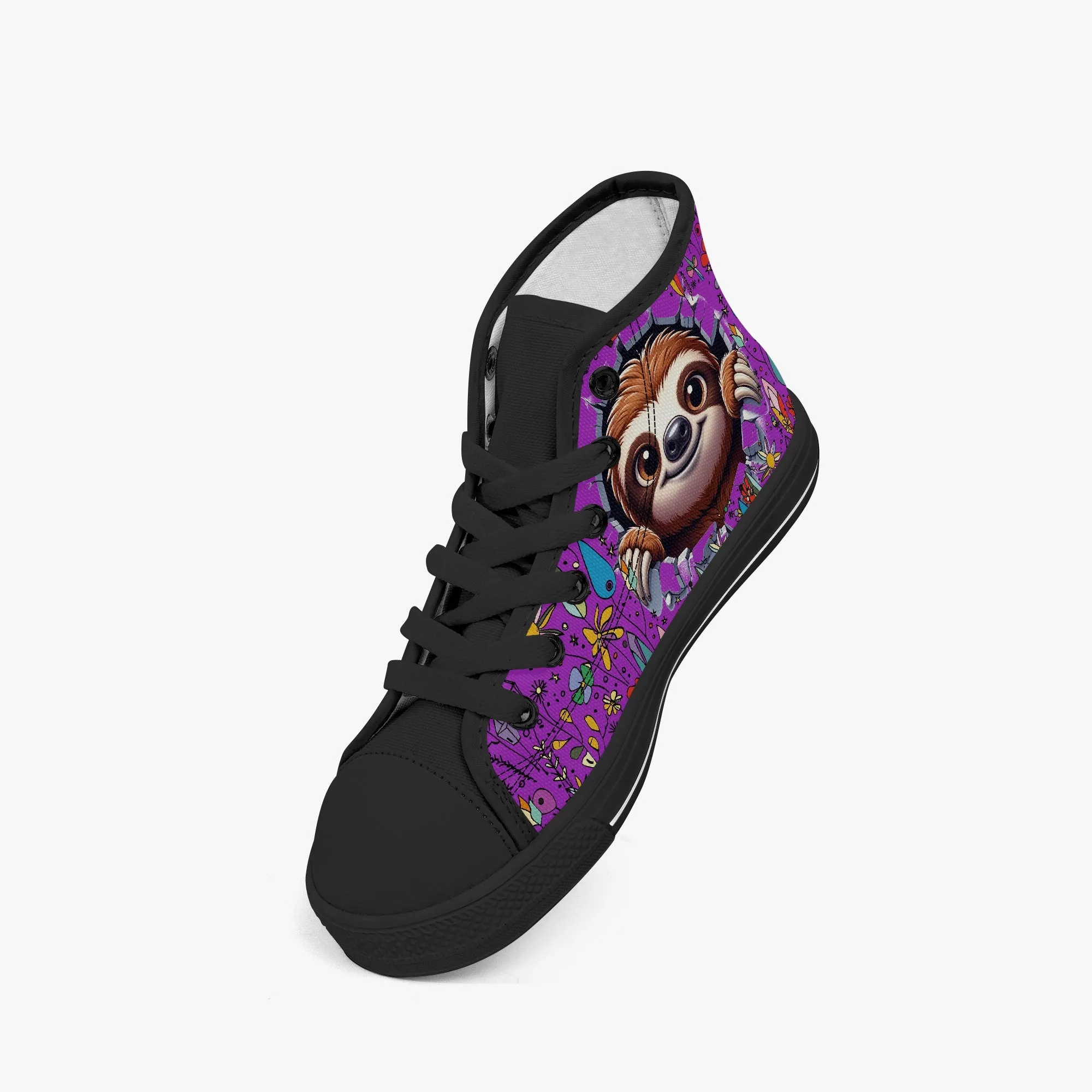 Kid’s High-Top Canvas Shoes-Black Girls' High-Top cartoon  Sloth wildflower Canvas Shoes