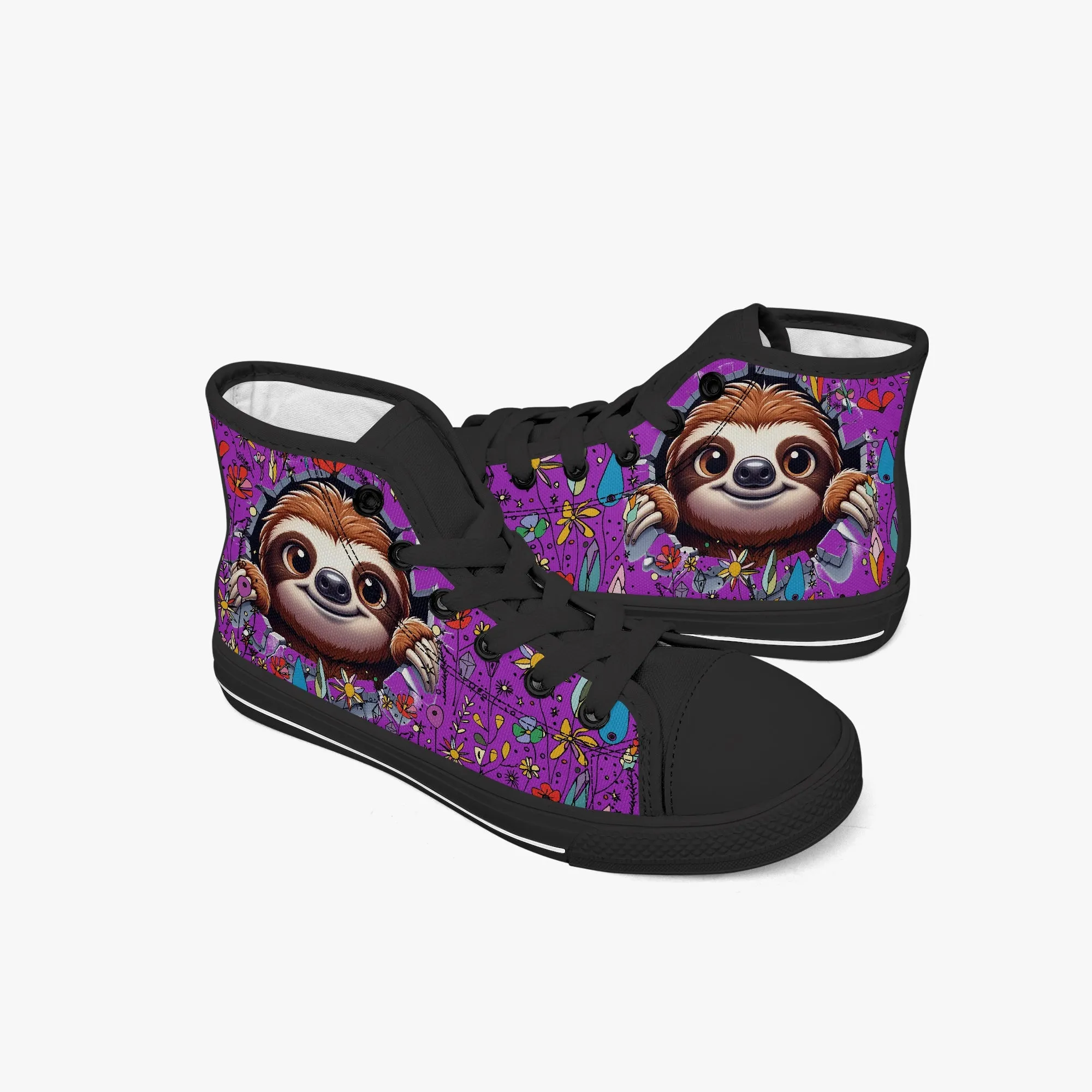 Kid’s High-Top Canvas Shoes-Black Girls' High-Top cartoon  Sloth wildflower Canvas Shoes