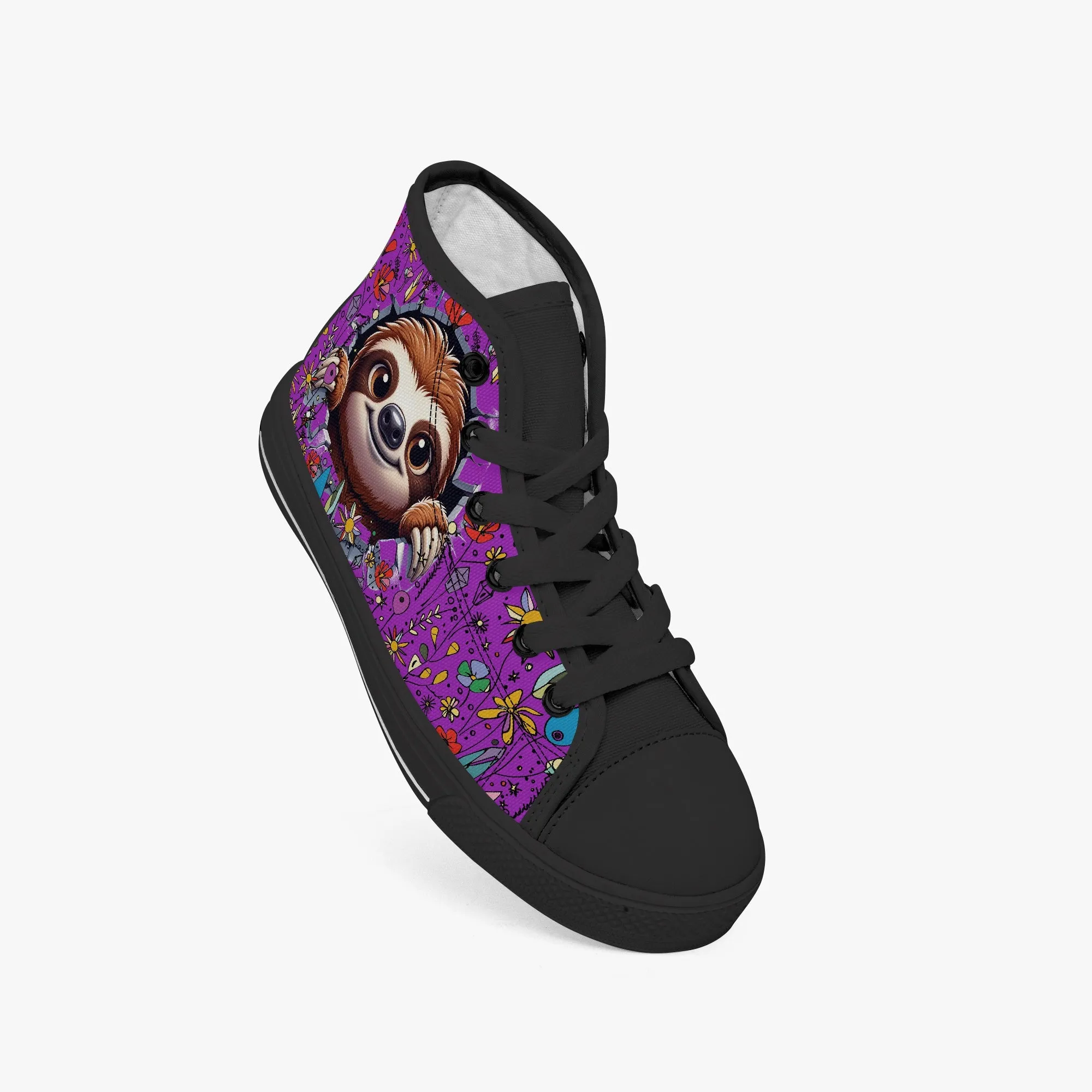 Kid’s High-Top Canvas Shoes-Black Girls' High-Top cartoon  Sloth wildflower Canvas Shoes
