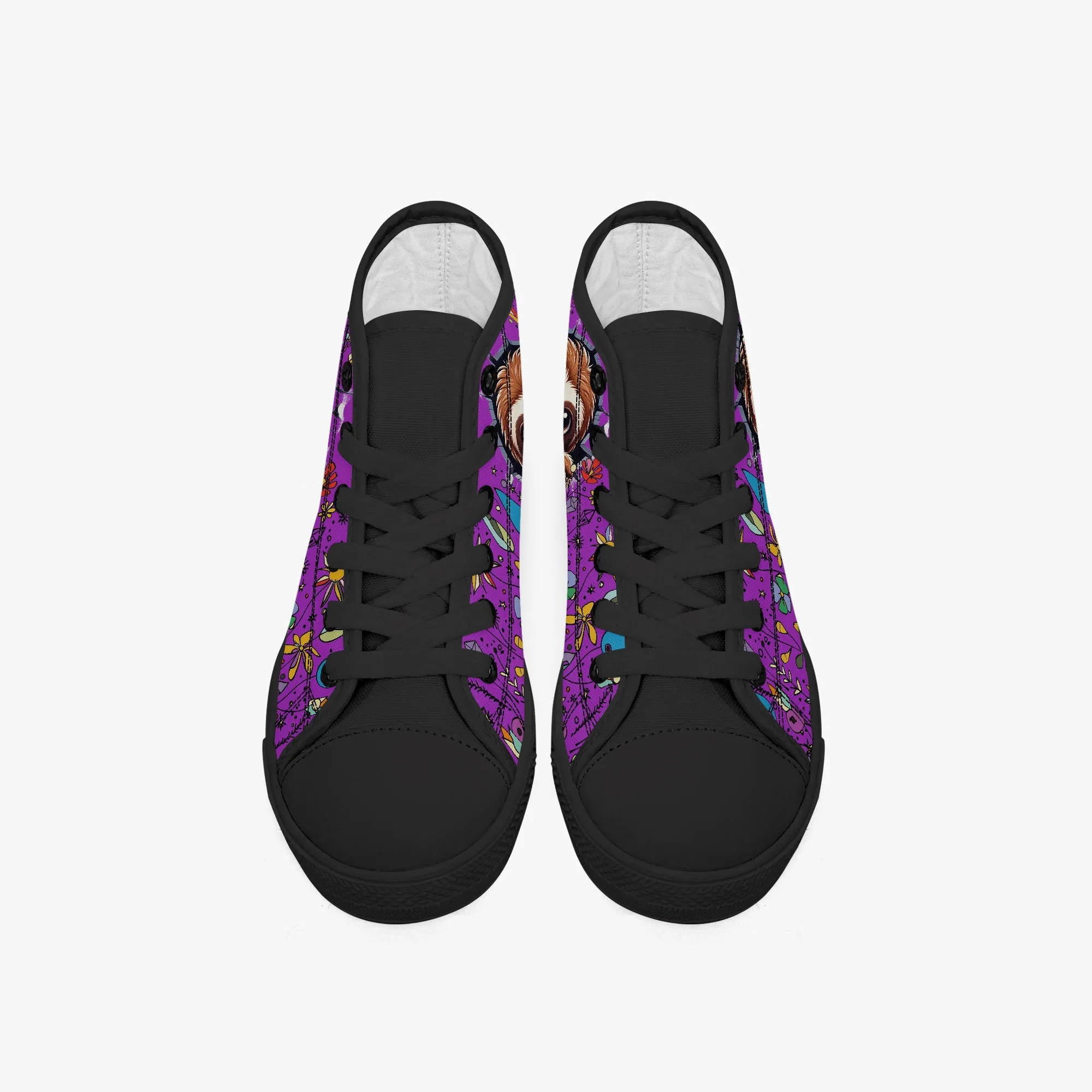 Kid’s High-Top Canvas Shoes-Black Girls' High-Top cartoon  Sloth wildflower Canvas Shoes