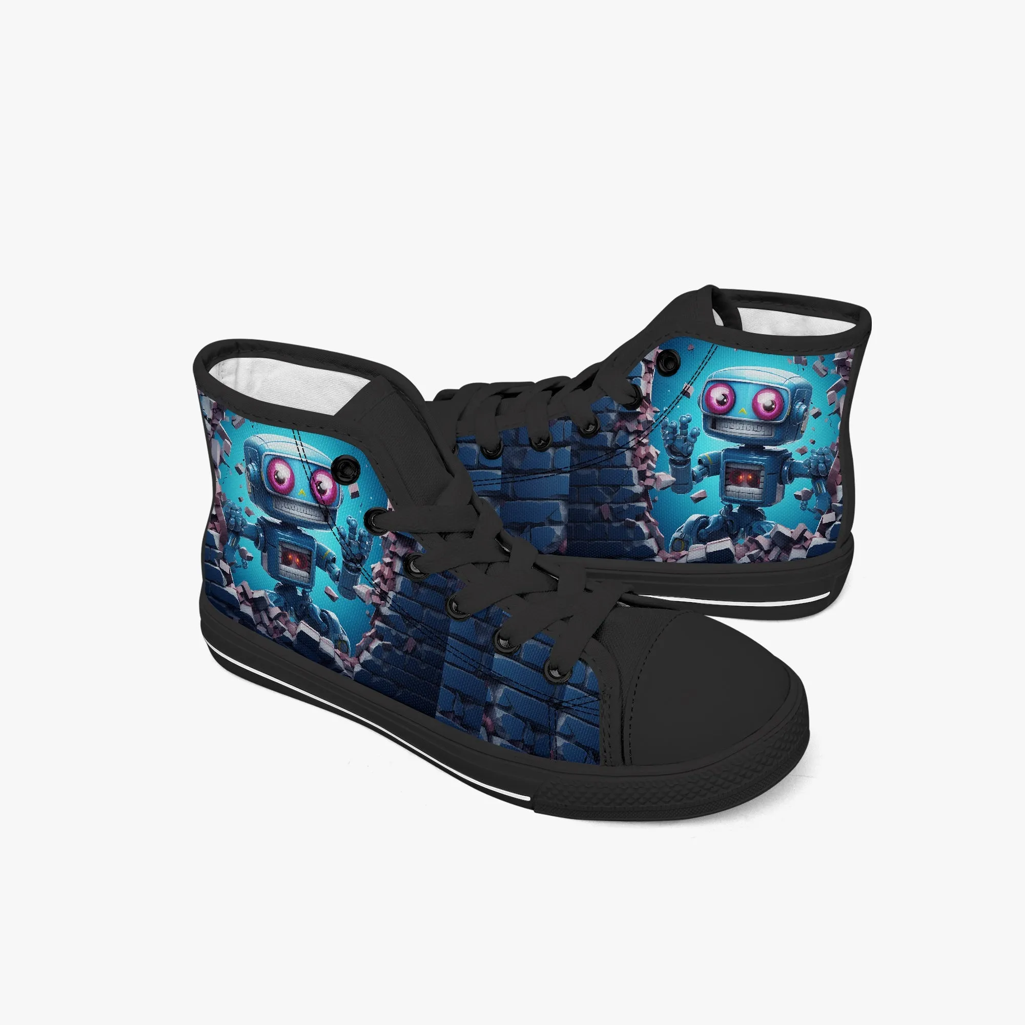 Kid’s High-Top Canvas Shoes-Black Kids' High-Top Canvas Shoes – Cartoon 3D Robot Breaking Through Crack Wall
