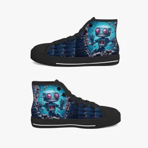 Kid’s High-Top Canvas Shoes-Black Kids' High-Top Canvas Shoes – Cartoon 3D Robot Breaking Through Crack Wall