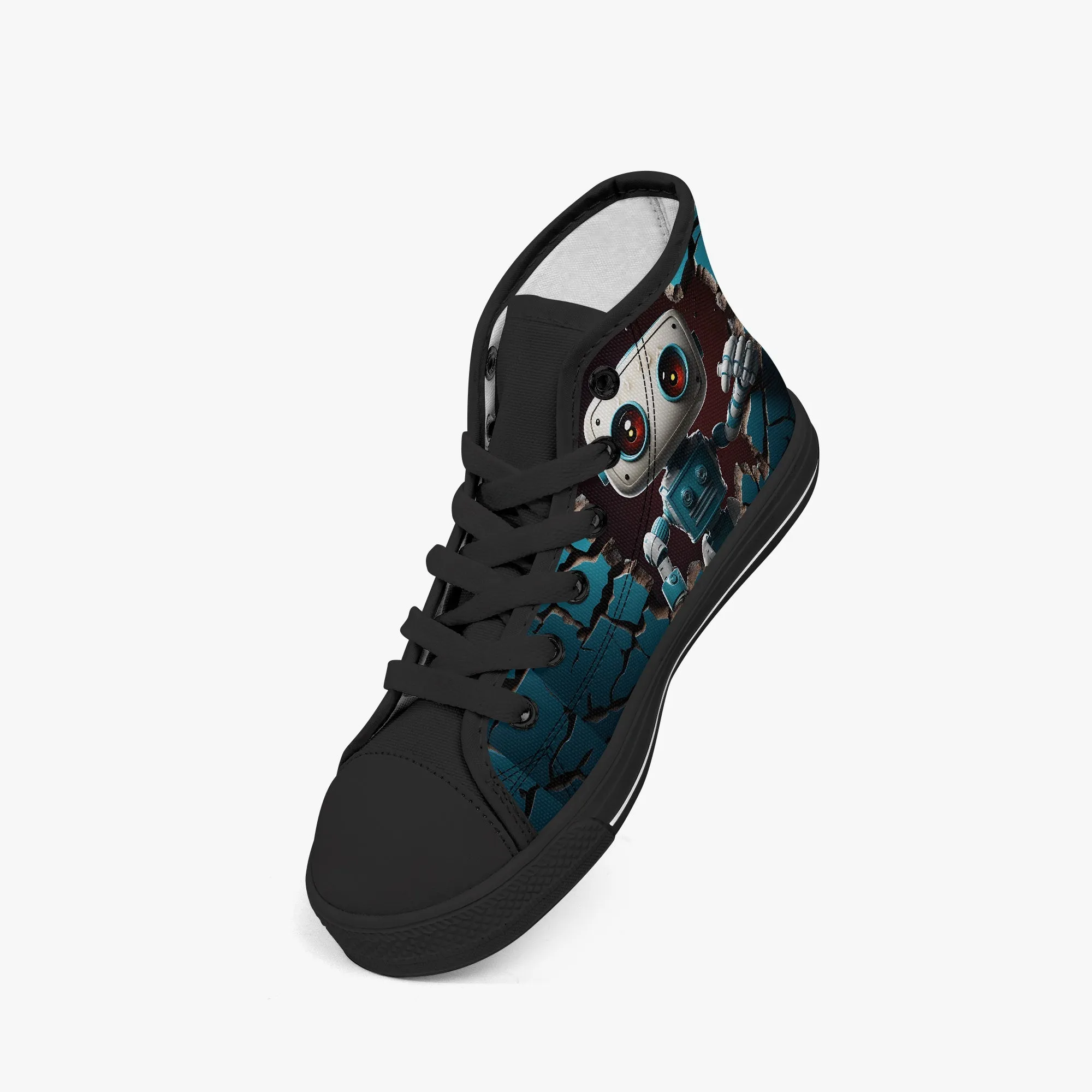 Kid’s High-Top Canvas Shoes-Black Kids' High-Top Canvas Shoes – Cartoon 3D Robot Breaking Through Crack Wall